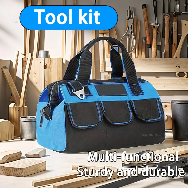 1pc Canvas Tool Bag - Multi-Pocket Organizer for Electricians/Workshop | Reinforced Handles & Shoulder Strap, Black & Navy