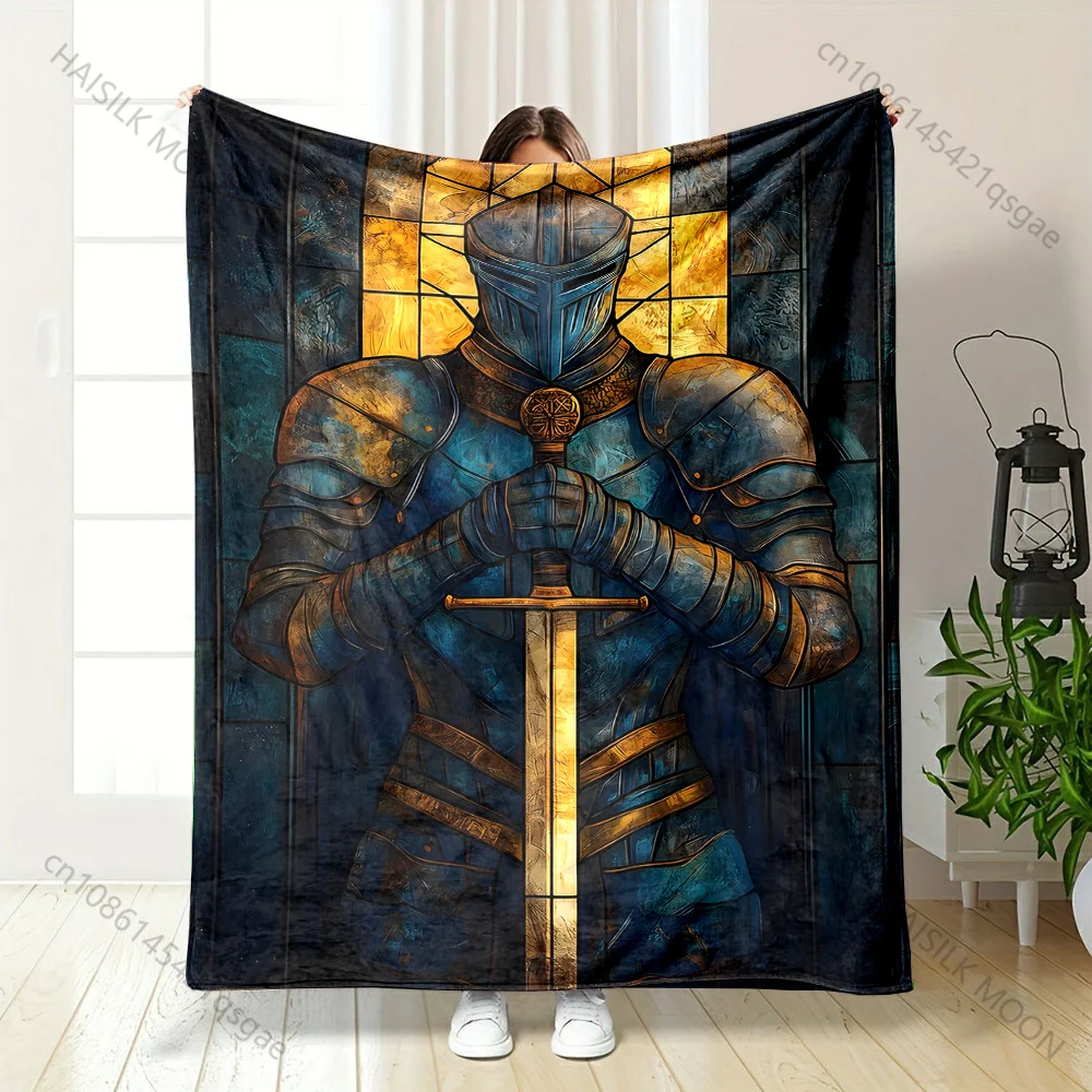 1PC Knight in blue armor holding sword printed blanket all seasons multi-purpose blanket suitable for sofa, camping, travel, car