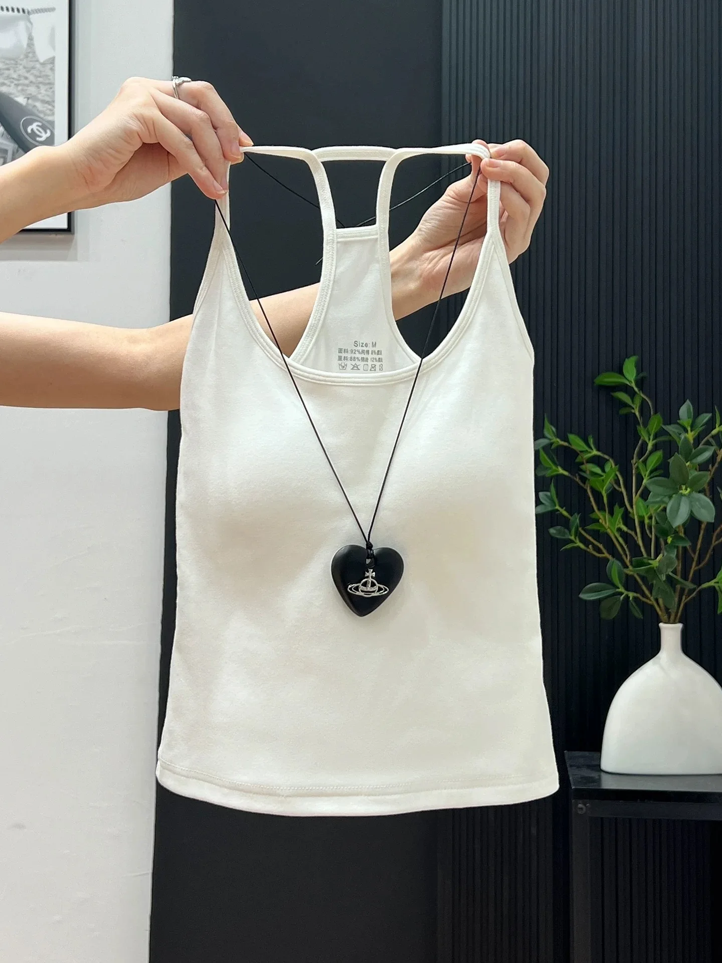 

95% Cotton Strap Vest Women's Spring Summer Large Size Covering Side Breast Base Layer Outdoor Wear Simple Style Pure Color