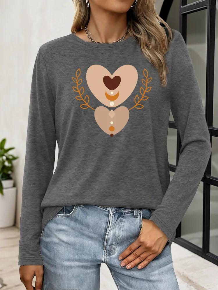 Camiseta informal de manga larga con estampado de corazón y orejas de trigo dobles para mujer, camiseta Y2K con cuello redondo, tela de mezcla transpirable para primavera y otoño
