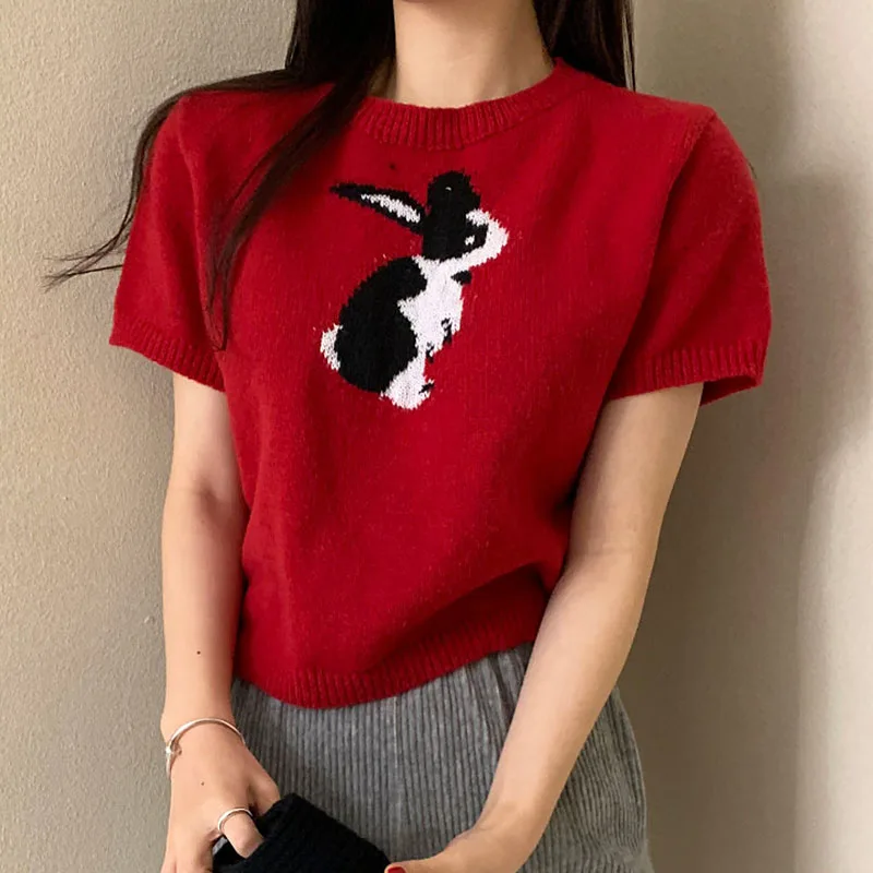 

Chic Early Spring Gentle Age-Defng round Ne White-een Rabbit Embroidery Knitted Sweater Women's Overhead ort Sve