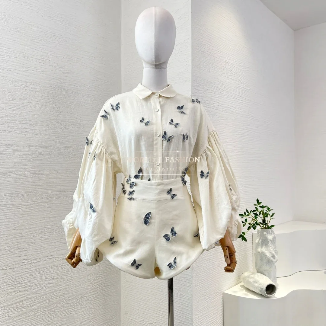 

Women's Pants Beige Long Sleeve Blouse Tops and Pants Sets 2025 Linen