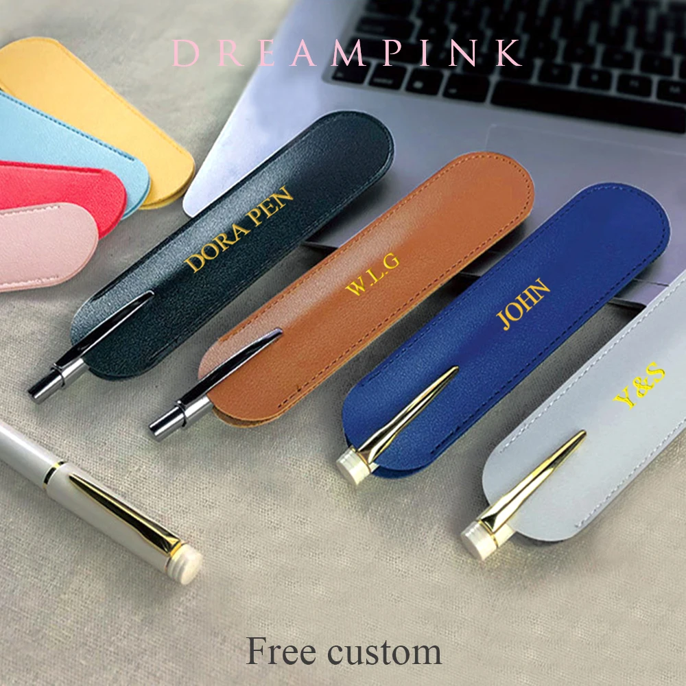 Free Custom Letters PU Leather Pencil Case Advertising Company  School Office Small Pen Holder Ballpen Storage Bag DIY Name Gift