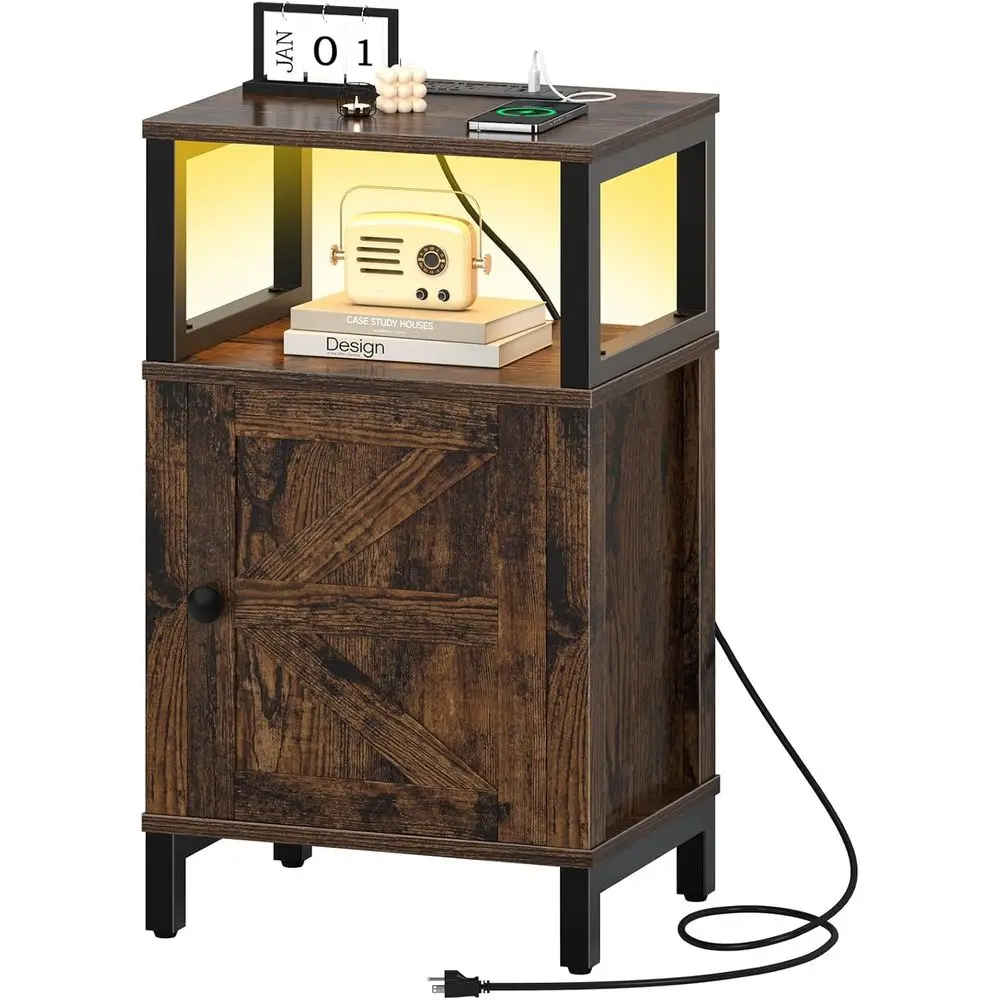 

Charging Station Nightstand with USB Ports, LED-lit Wood End Table for Bedside Storage in Rustic Brown