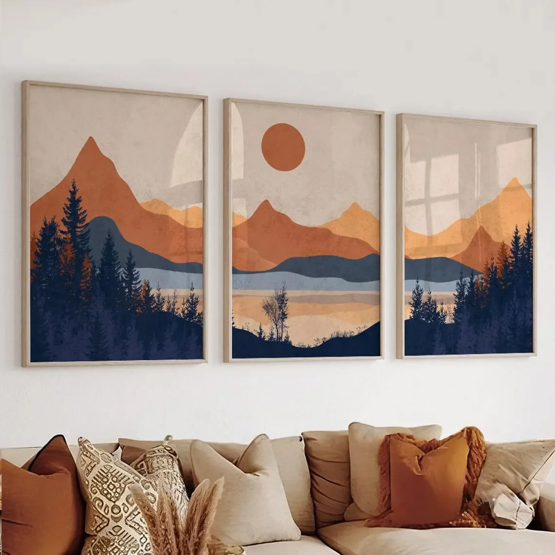 3 Stück Terrakotta-Blaue Minimalistische Landschafts-Abstrakte Wandkunst-Poster, Geeignet für Wohnzimmerdekoration, Leinwand-Poster, Geschenk