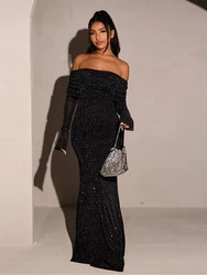 Fantoye Sexy Off Shoulder Sequins Sparkling Women Maxi Dress Black Long Sleeve Evening Dress Winter Slim Elegant Party Clubwear