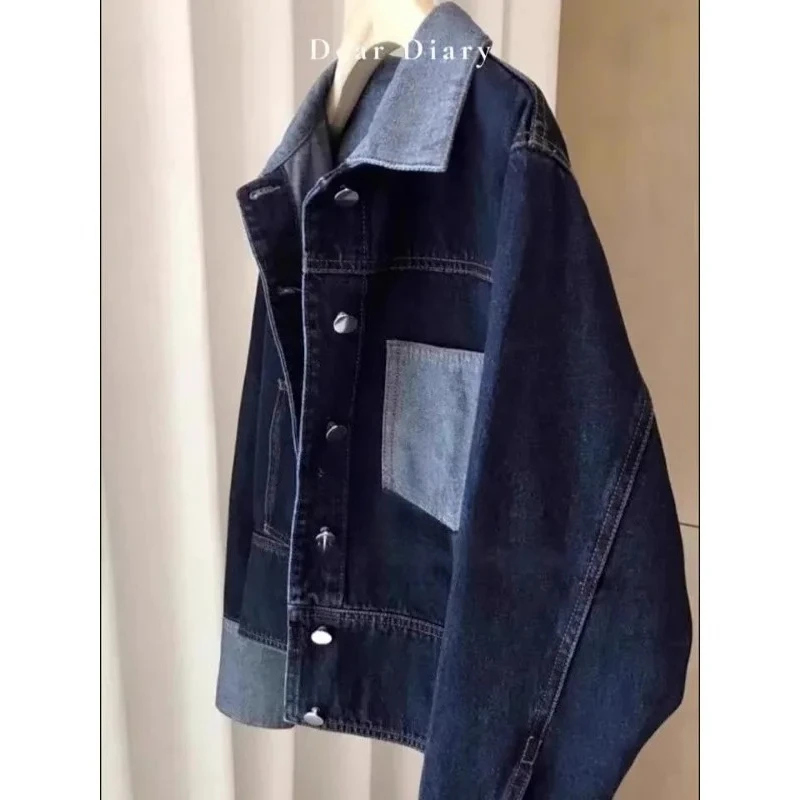 Personality Washing Contrast Lapel Denim Jacket for Women