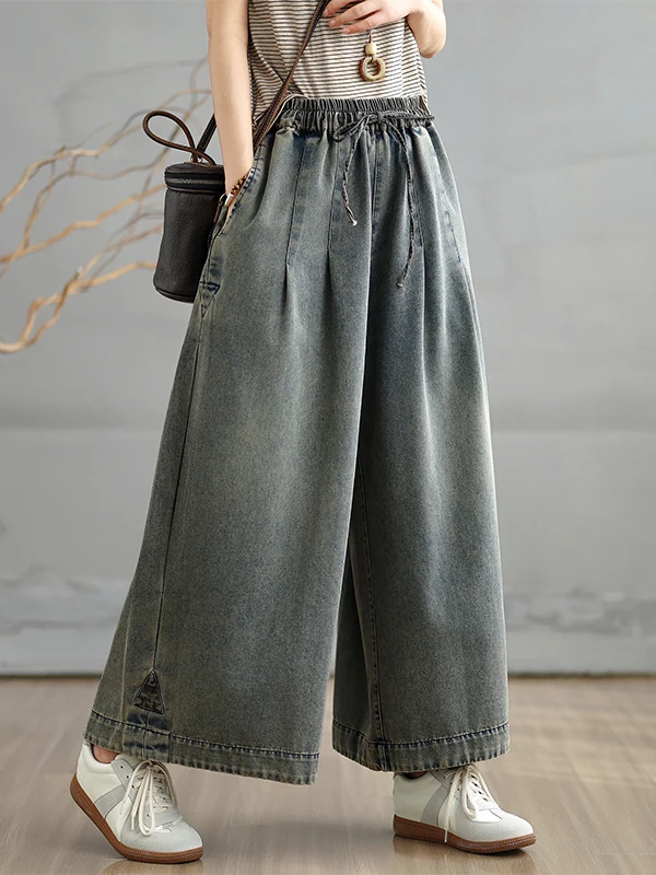 

Повседневные широкие джинсы, женские большие размеры, эластичная талия, девять очков, новинка, свободная посадка, летняя модная женская джинсовая ткань премиум-класса