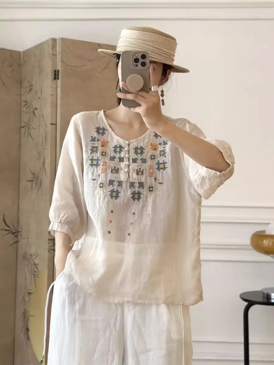 Retro Dames Katoen Linnen Geborduurd V-Ne f Sve irt Zomer Losse Plus Size Afslanken Dunne Sle Pendelen Faion