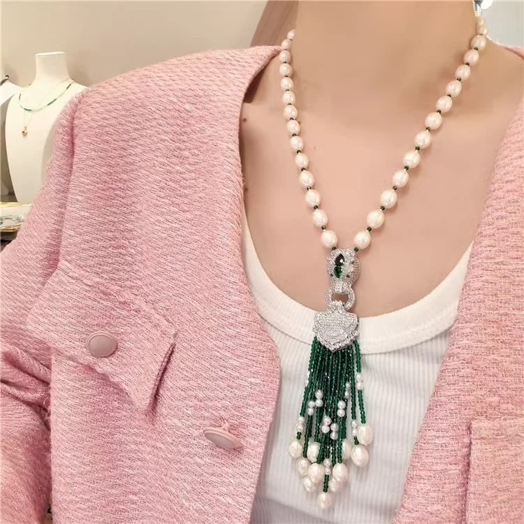 

23" White Pearl Green Agates Gems Stone Necklace CZ Pendant For Women