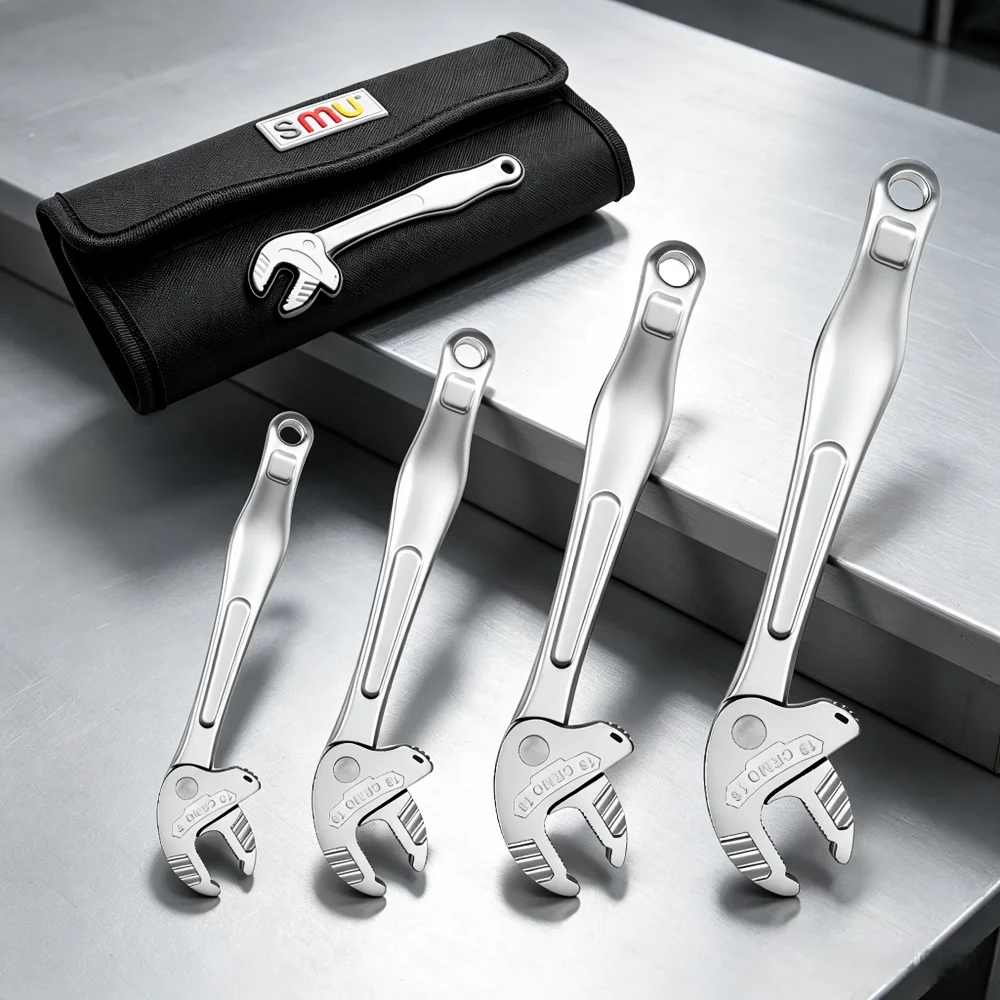 

4Pcs Crab Claw Wrench Set 7-19mm, Heavy-Duty Industrial Self-Adjusting Wide Jaw Ratchet Wrench for Automotive & Pipe Repair