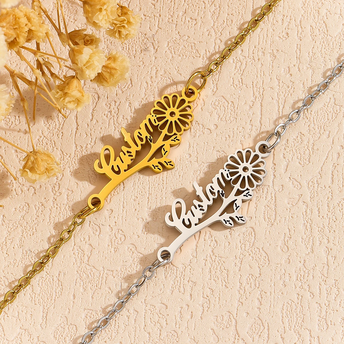 

Stainless Steel Creative Flower Leaves Custom Name Bracelet Personalized Child Kid Gold Color Anklet Family Gift Jewelry