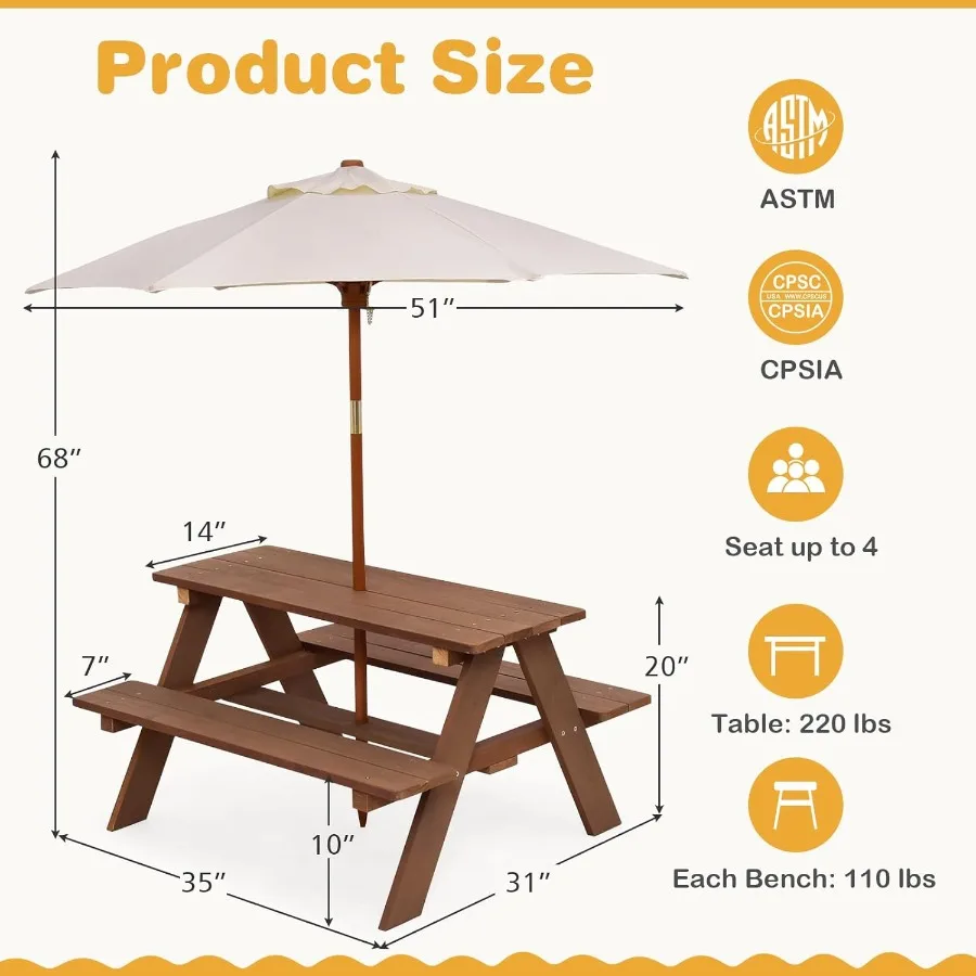 Natural Wooden Picnic Table Bench Set with Removable Umbrella for Outdoor Use in Backyard and Garden Durable and Stylish Patio