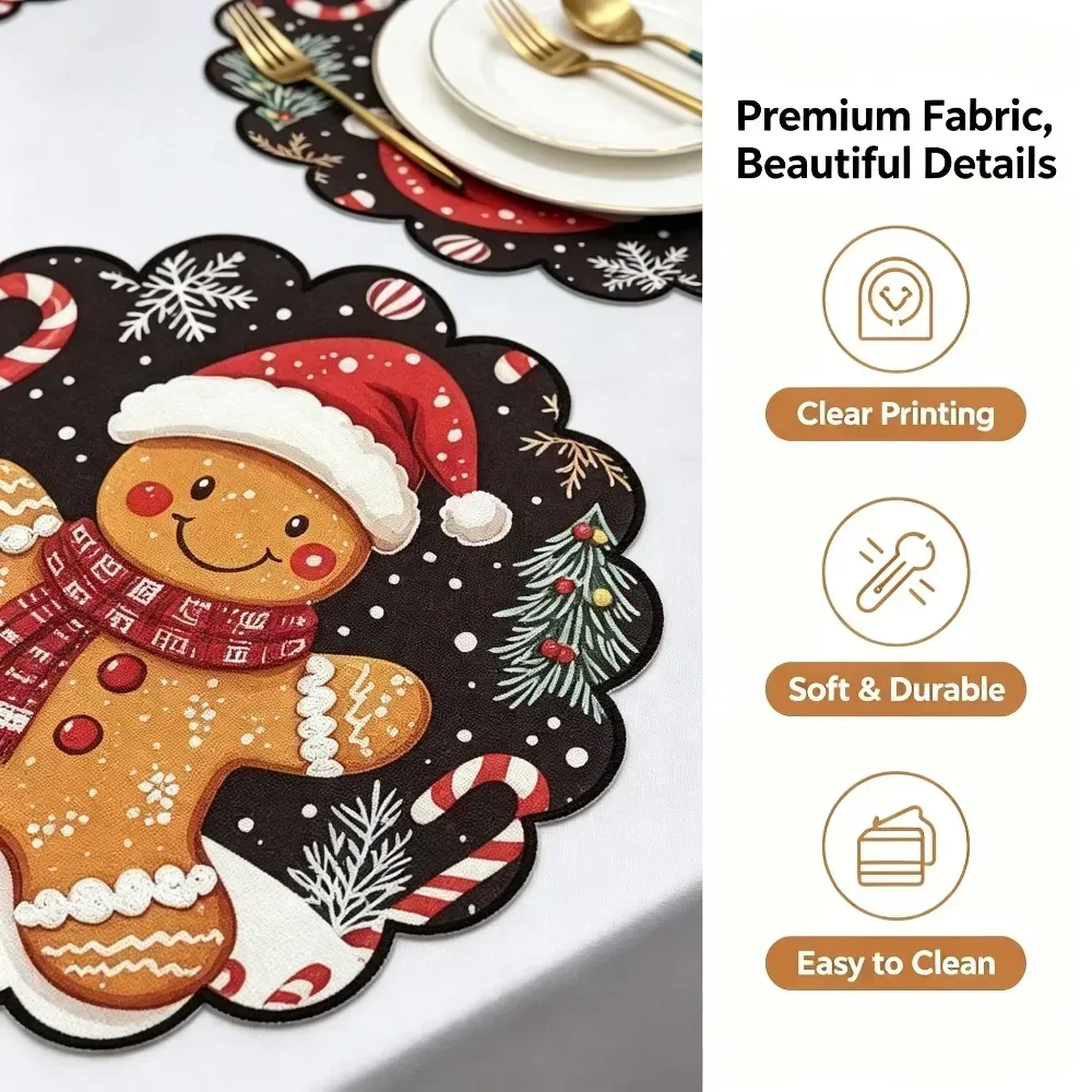 4PCS 15 Inch Christmas Placemats Round Circular Waves Non Slip Heat Resistant Table Mats Winter Xmas Dining Party Decor Set