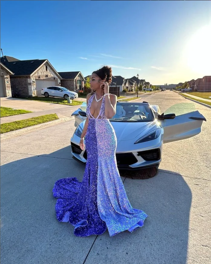 Sparkling Patchwork Purple Cocktail Dresses New Halter Sequin Embellished Prom Gowns Fishtail Long Formal Dresses