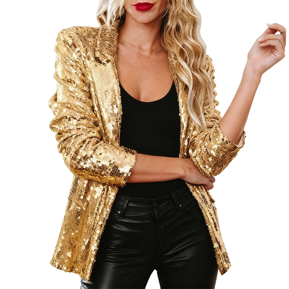 Lapel Neck Sequined Blazer Jacket for Women Featuring Long Sleeves Casual Solid Color Coat Outerwear Suitable for Daily Use