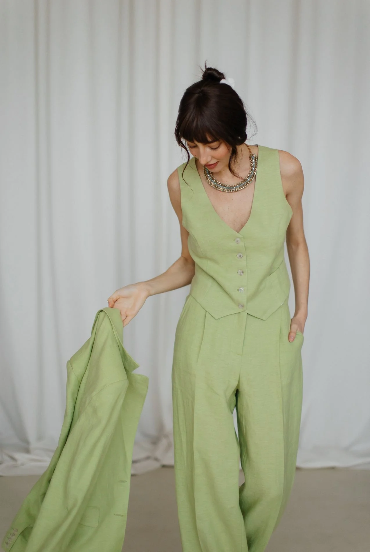 Allingentle Linen Women's 3 Piece Set 2-Button Blazer Vest Pantsuit Outfits Elegant Business Casual Suit Customize