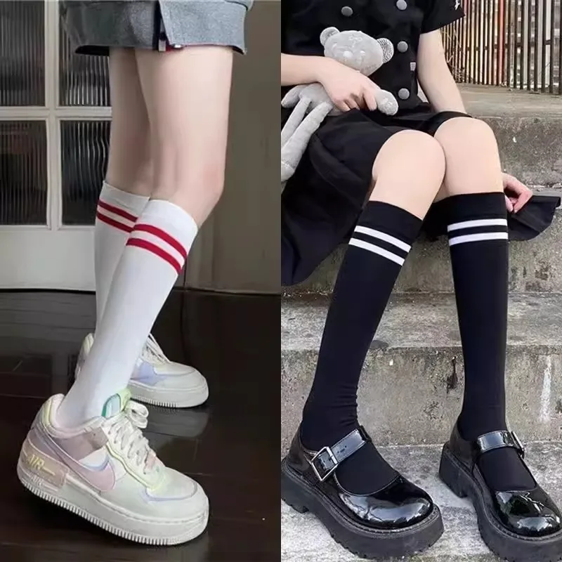 Women Solid Color Striped Cotton Calf Socks Girls Casual Sport Korea Fashion Stockings Warm Long Knee High Socks Japanese Style