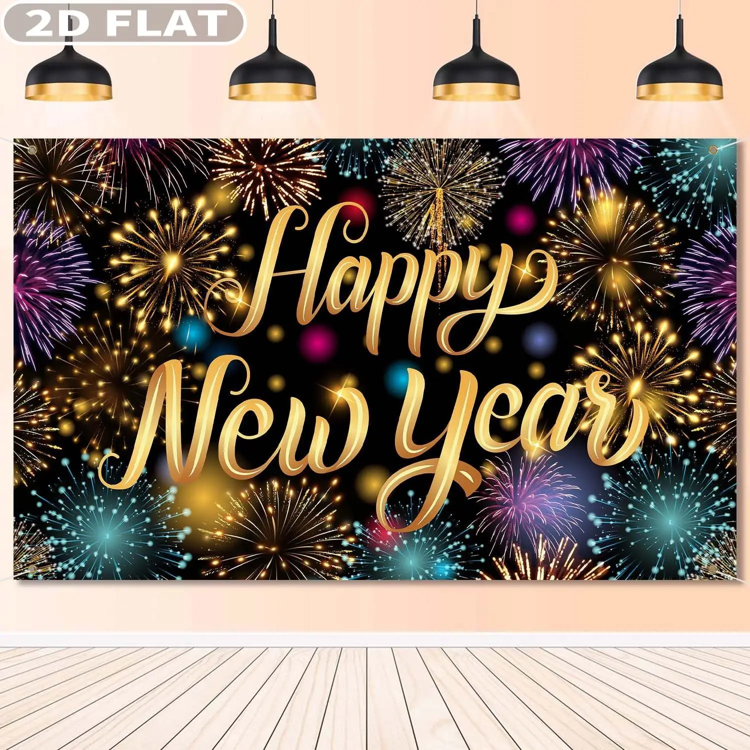 2D FLAT 1 قطعة 2026 زينة السنة الجديدة - لافتة خلفية سنة جديدة سعيدة مقاس 44 × 70 بوصة مع نمط الألعاب النارية للتصوير الفوتوغرافي بعلامة كبيرة #3