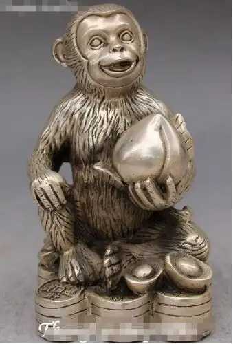 

Chinese Silver Carving Wealth Yuanbao Hold Peach Monkey Monkeys Animal Statue