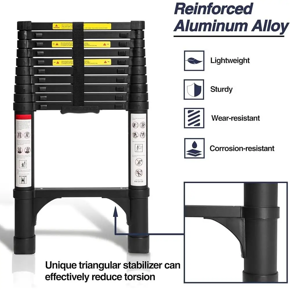 Durable 10.5FT Aluminum Telescoping Ladder Lightweight Collapsible Multi-Purpose Extension Ladder with Triangle Stabilizers