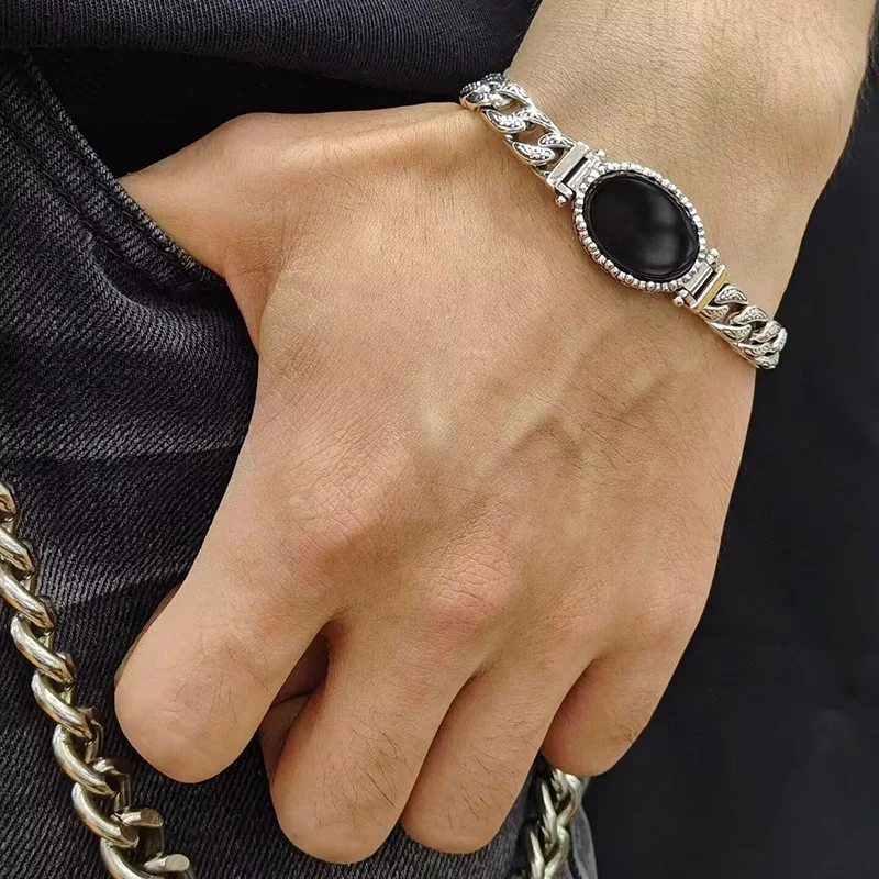 Trendy Oval Black Stone Bracelet Men Jewelry New Arrival Flower Pattern Chain Bracelet Male Hand Accessories