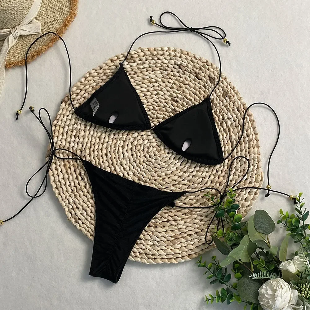 2025 New Women's Solid-color Separate Beach Wear Sexy Halter Three-point Bikini Backless Adjustable Lace-up Swimsuit