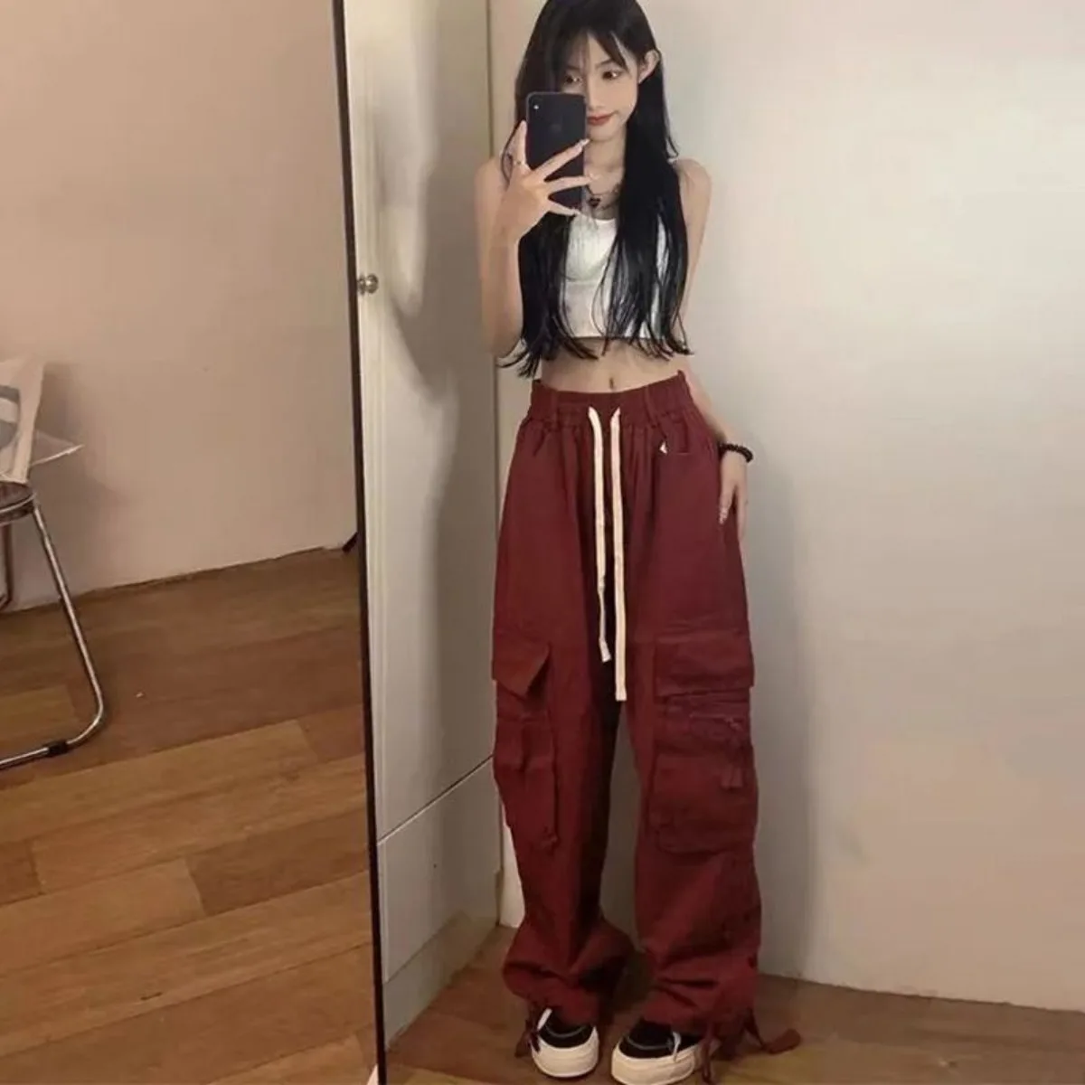 

Streetwear Vintage Hip Hop Oversize Red Cargo Pants Women Drawstring Elastic Waist Loose Wide Leg Harajuku Casual Trousers 2025