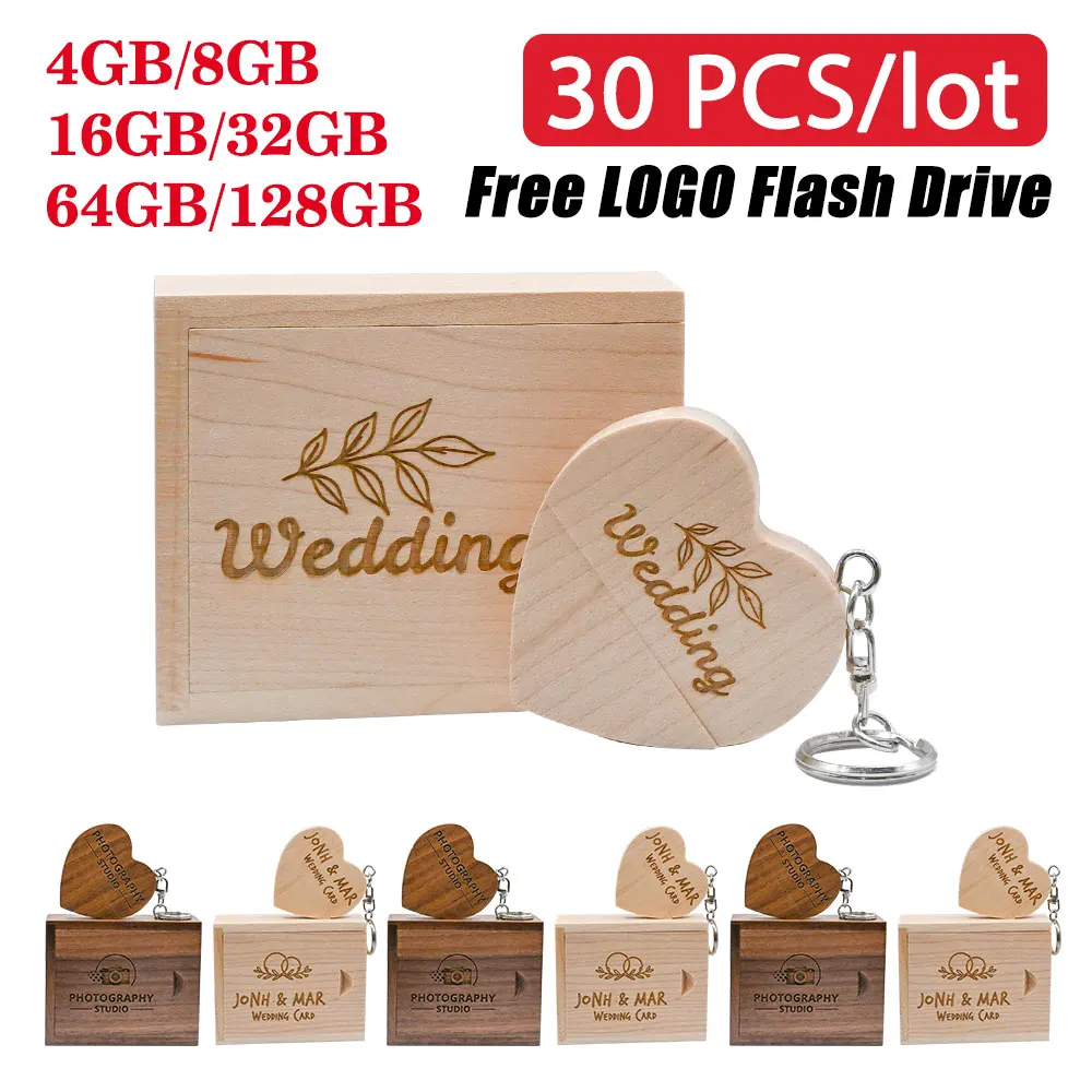Free Custom Logo 30 Pieces Wooden Heart Shape Pendrive USB Flash Drive Wedding Gift Box Pen Drive with Keychain for Computers