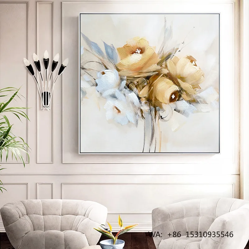 Ins Style Abstract Brushstroke Flower Oil Canvas Framed Original Decorative Painting Cream Yellow High-end Hanging Hotel
