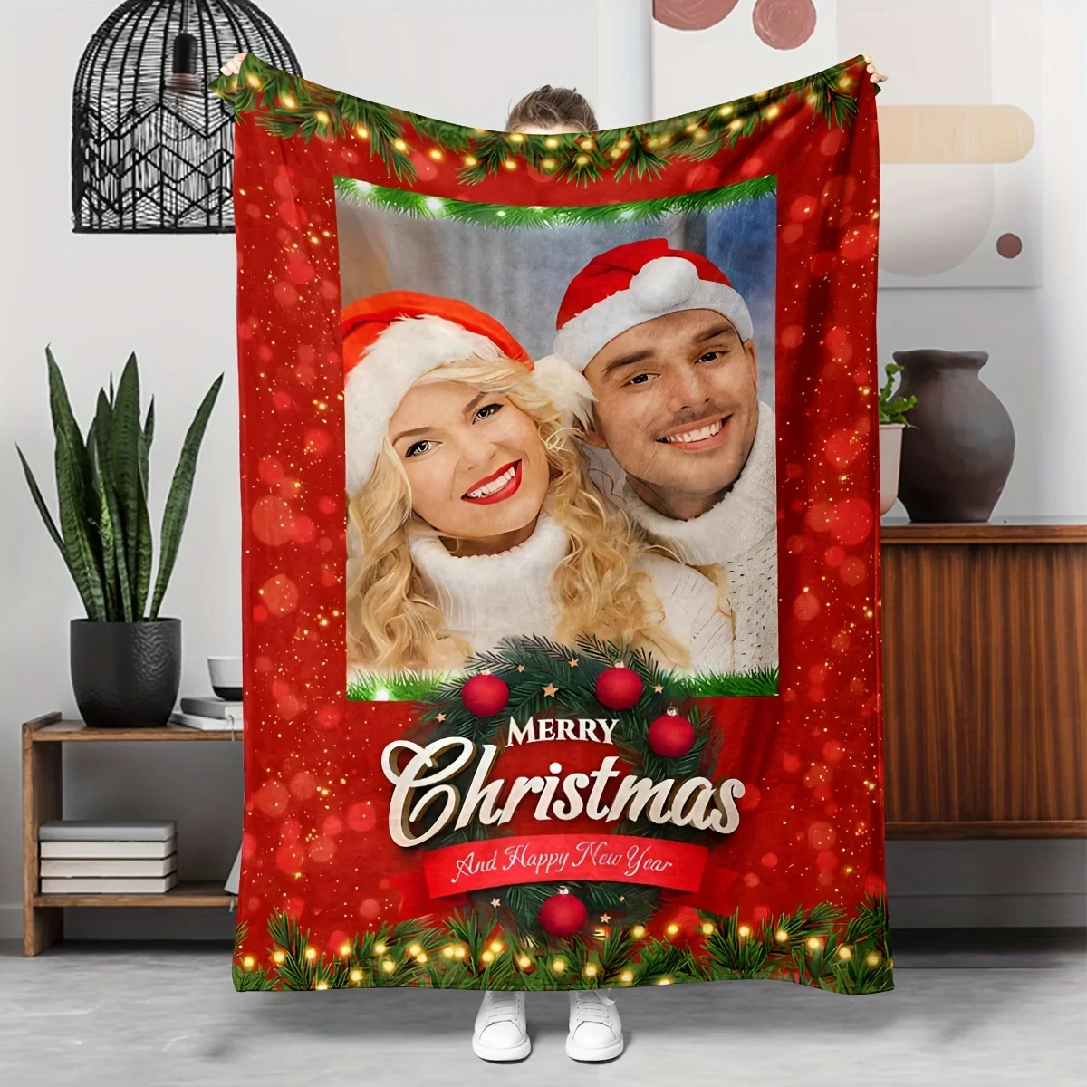 A Custom Blanket with a Christmas Theme Featuring Designs of Pine Branches, Small Lights, And Red Ornaments, Perfect As a Gift f