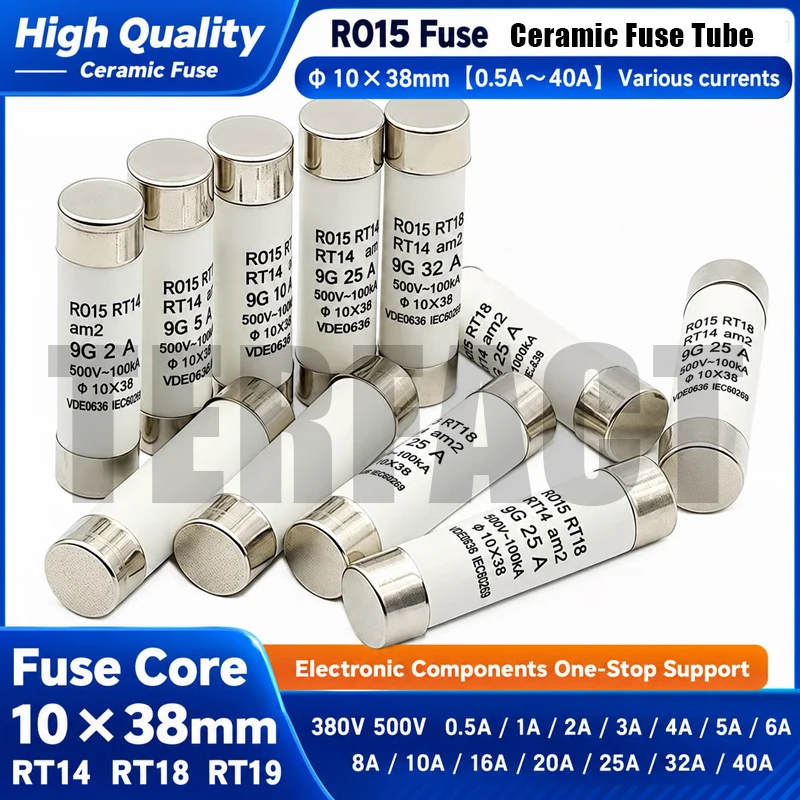10Pcs R015 10*38 Fast Blow Ceramic Fuse 10x38mm Fuse 500V 0.5A 1A 2A3A 4A 6A 8A 10A 16A 20A 25A 32A 40A 380V RO15 RT18 RT14 RT19