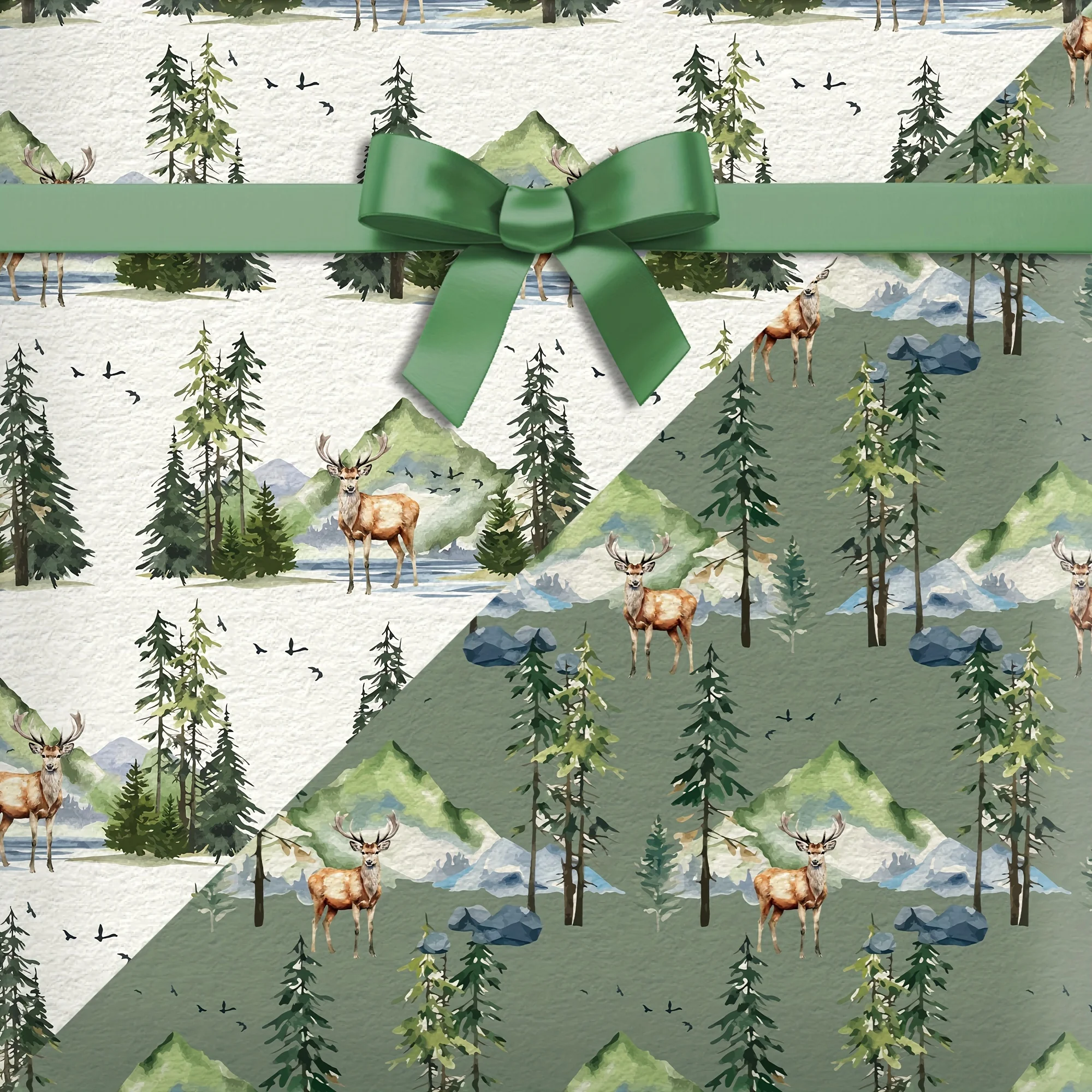 12pcs Green Watercolor Christmas Gift Wrap Set - Reindeer & Tree Themed Party Decoration Paper For Presents Holiday Decorations