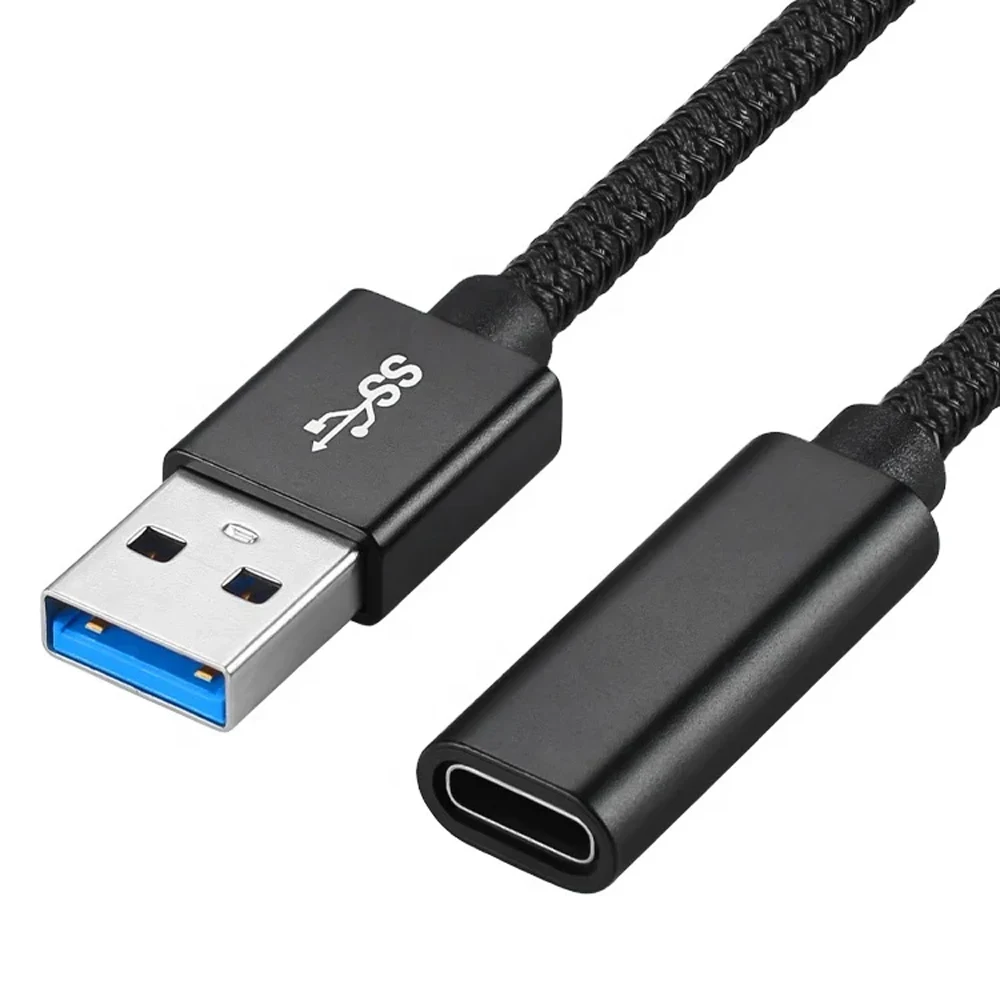 USB C타입 암에서 USB 3.0 수 어댑터 케이블, 검은색 편조 익스텐션 케이블, 최대 10Gbps