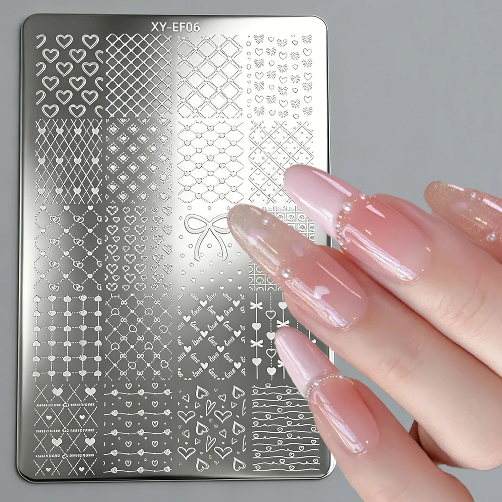3D Cute Heart Ribbon Bowknot Nail Art Stamping Plates Stainless Steel 14.5*9.5cm Nail Template Stencils DIY LOVE Plaid Nail Tool