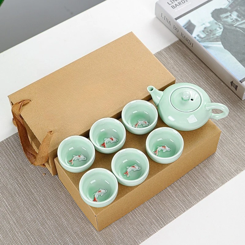 Chinese Celadon Fish Tea Set, Simple Household Tea Kit, Portable Kung Fu Tea Set, Premium Gift Box Packaging for Home Use
