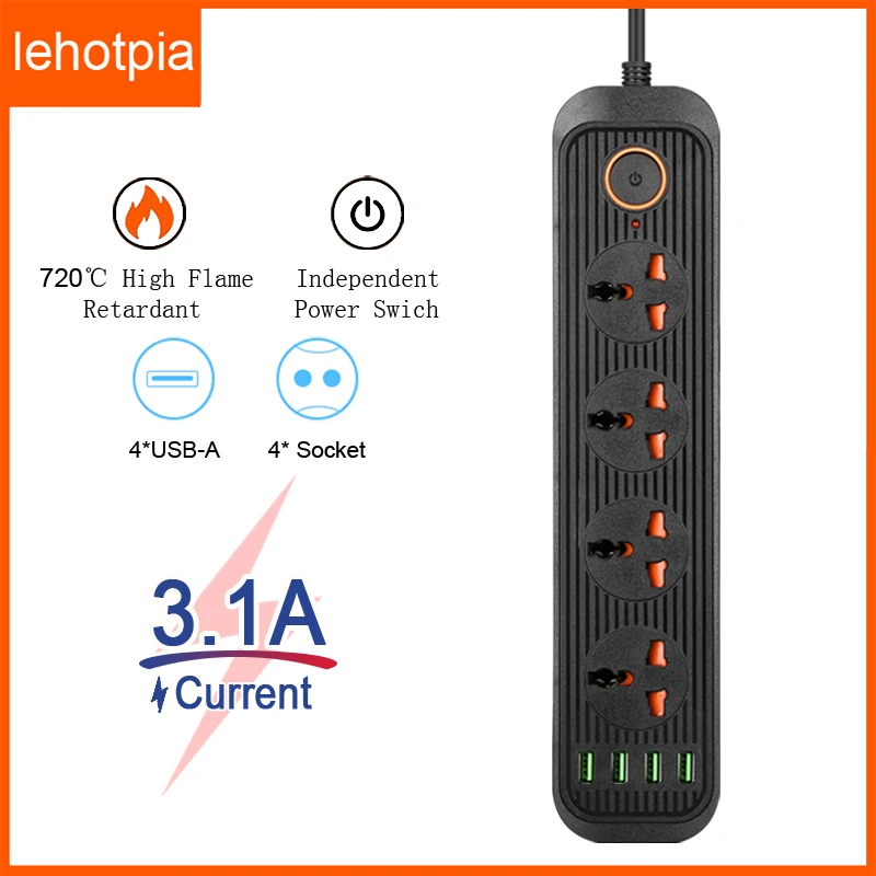 Lehotpia EU/US/UK Power Strip Plug Extension Cable Electrical Sockets Adapter USB Ports 3.1A Fast Charing Network Filter Adapter