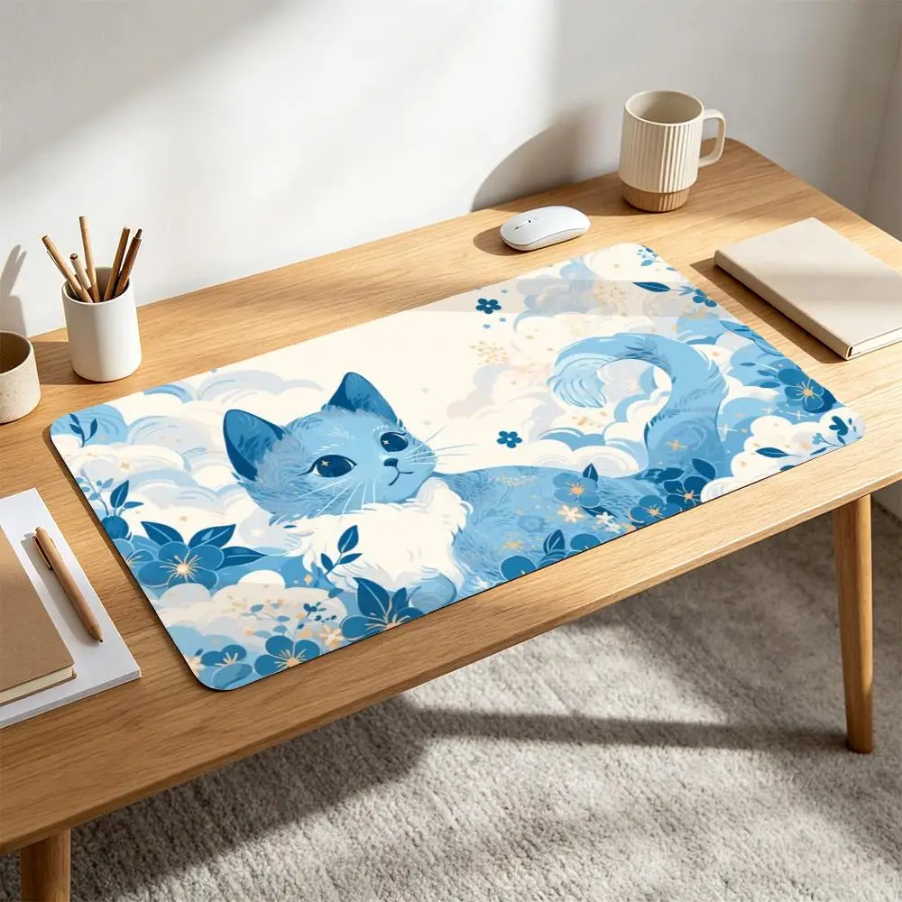 Whimsical Blue Kitty Floral Cloud Mouse Pad Non-Slip Base Soft Blue Tone Cute Animal Illustration alfombrillas gaming