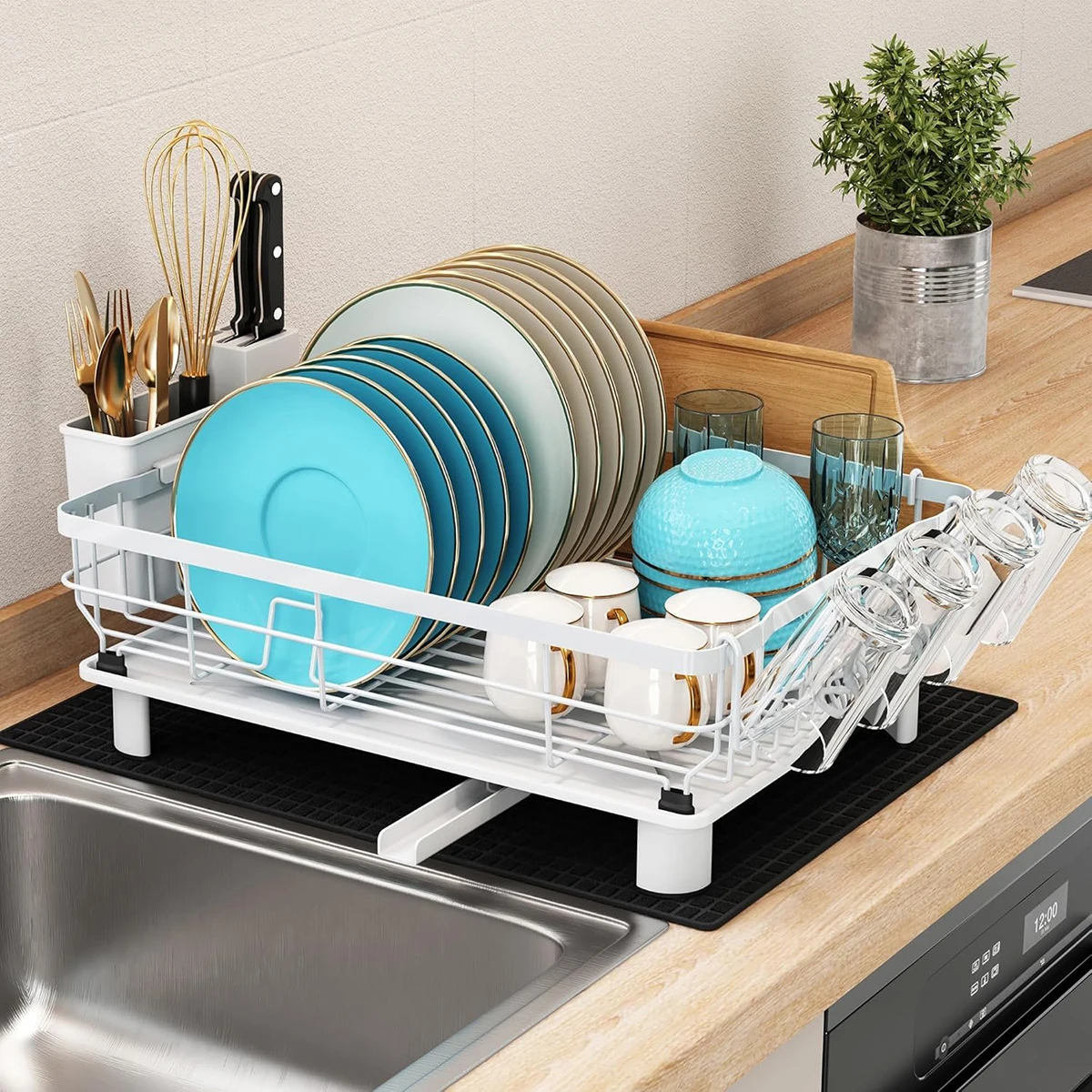 Multifunctional Kitchen Drain Rack Tableware Drain Basket over Sink with Chopstick Holder Natural Drying Easy Assembly