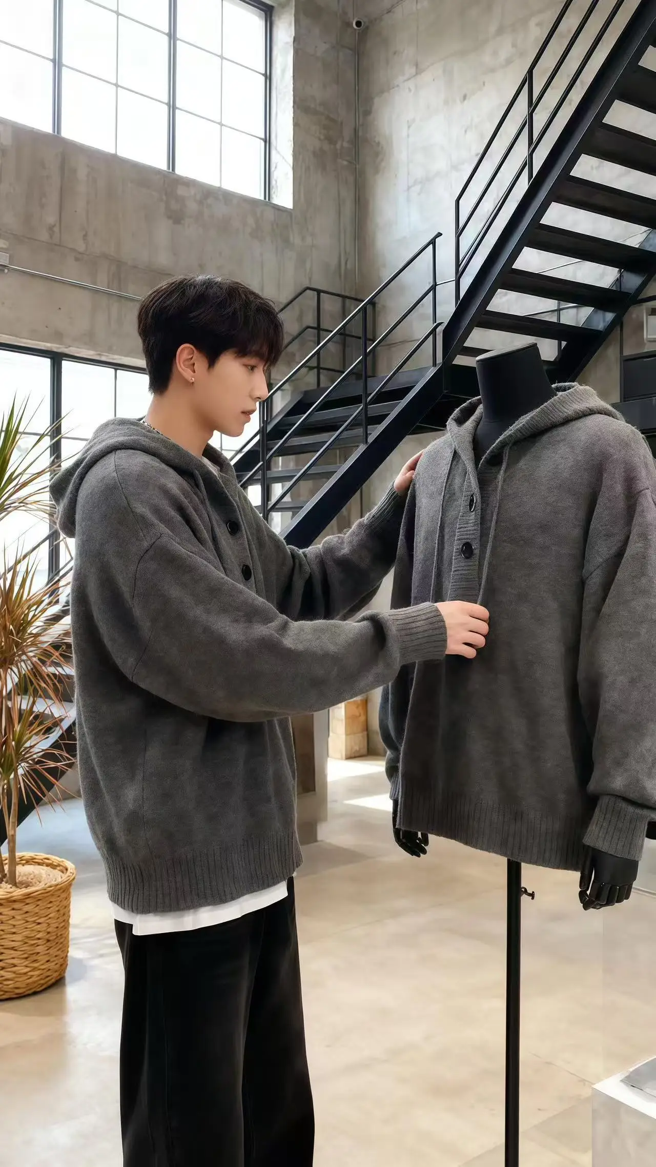 

ay Cleanfit Hooded Button Sweater ex Winter Vintage Overhead Knitted Loose Outerwear Casual Long Sve Polyester Fiber