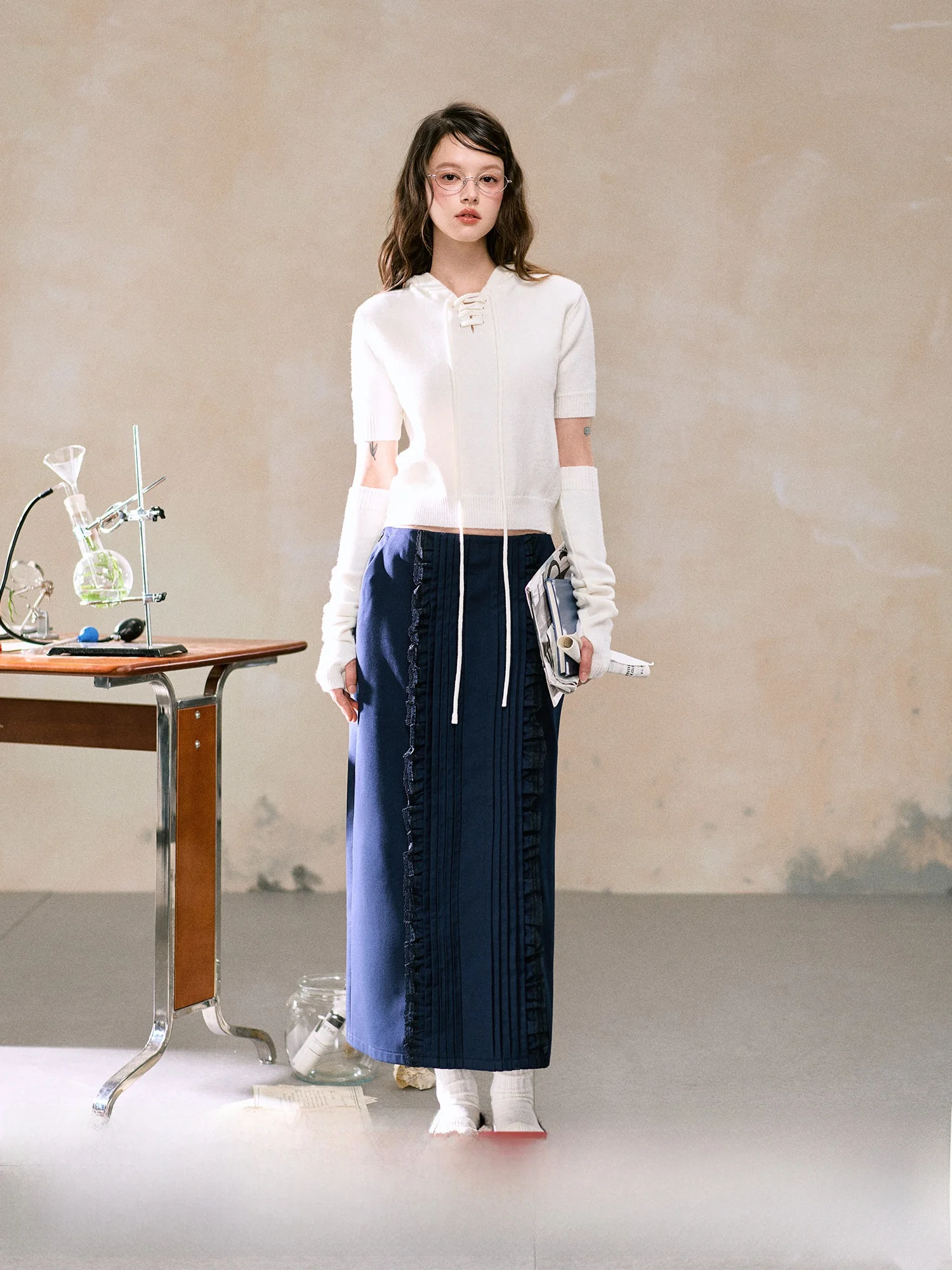 

Retro Lace Trim Pleated Midi Skirt Women Gentle Slimming Straight Cut Skirts Soft Sle Cotton Blend Pure Color Girl's Skirt