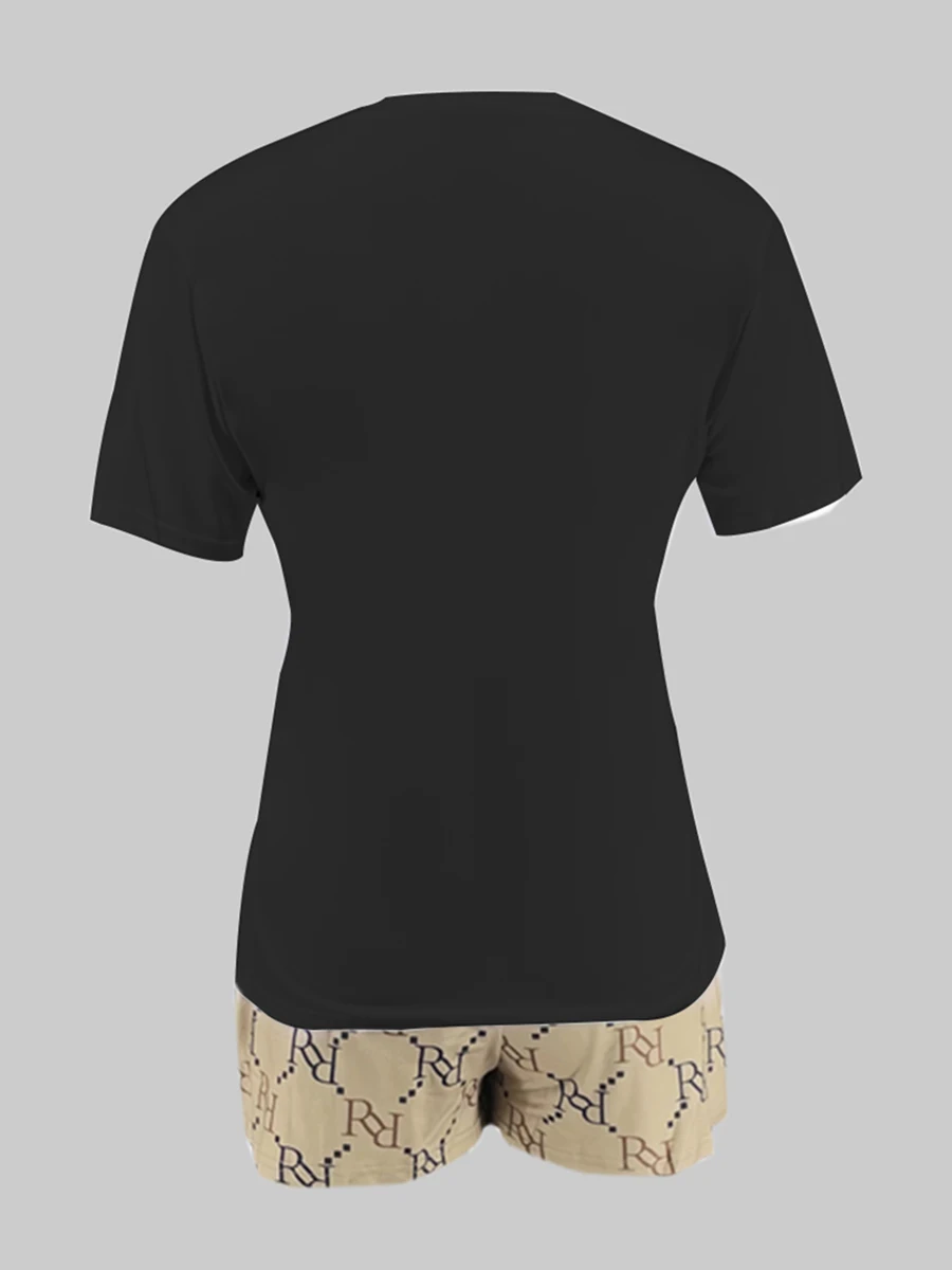 Conjunto de shorts com estampa de urso geométrico LW para mulheres, pescoço O, manga curta, camiseta básica, fundo misto Hipster, 2 unid, 2 unid