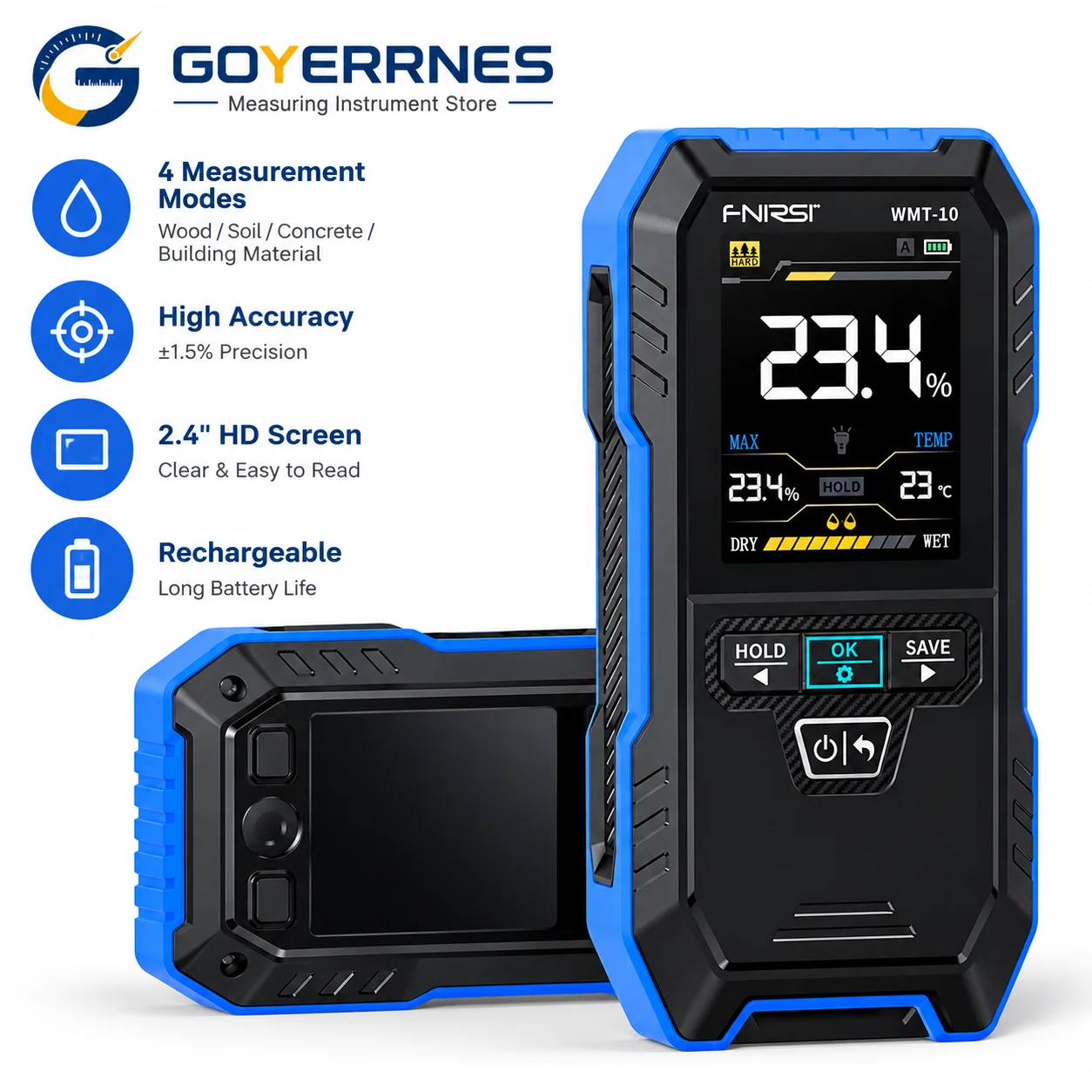 FNIRSI WMT-10 Inductive Wood Moisture Meter 0-75% Digital Tester for Hardwood Softwood Wall Plaster Brick Concrete Tool