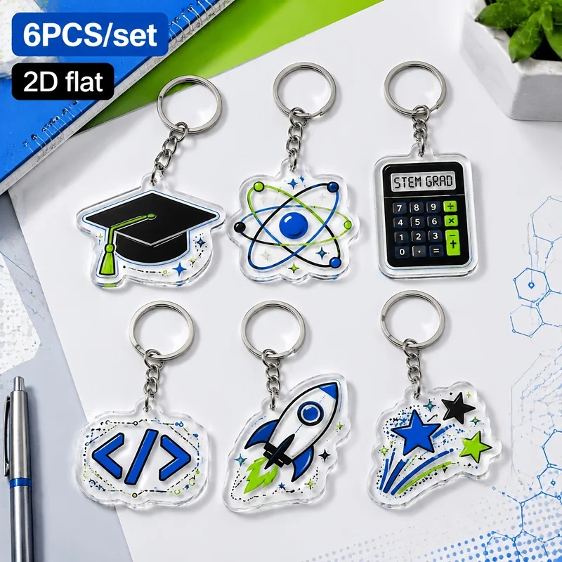 6pcs STEM Acrylic Keychain – Rocket Atom Calculator Code Design, Science Graduation Gift for Students