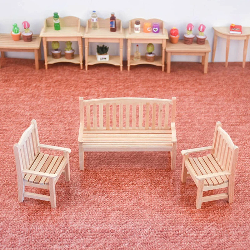 1/12 Dollhouse Miniature Double Bench Single Chair Model DIY Accessories Wooden Simulation Furniture Decoration Kid Gift