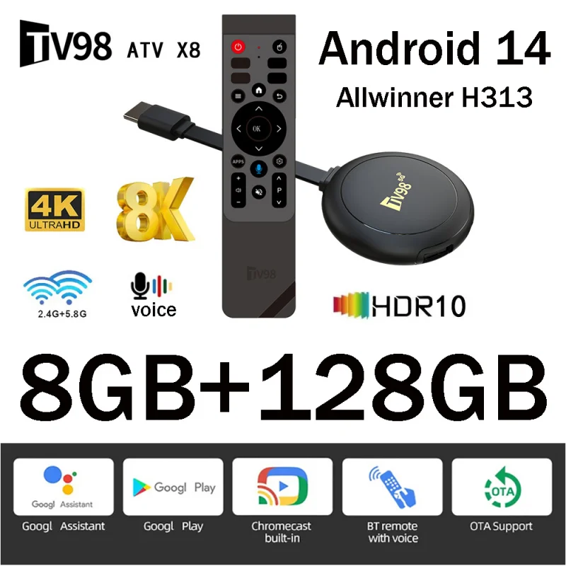 TV98 ATV X8 Smart TV Stick IPTV Allwinner H313 Quad-Core 4G 5G Dual Wifi HD 8K 4K BT 5.0 8GB 128GB Voice Remote Android 14