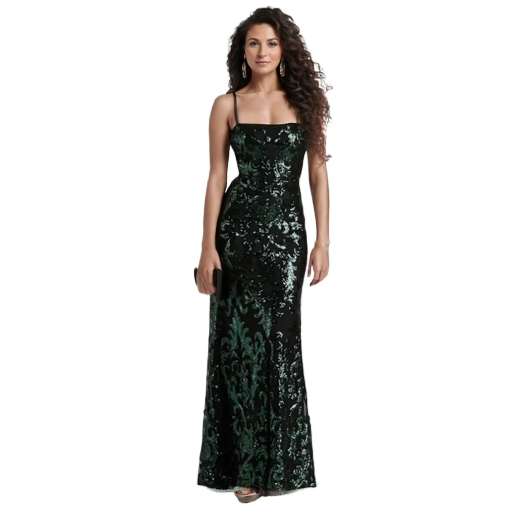 

Sexy Low Back Lace Up Spaghetti Straps Sleeveless Sequined Long Formal Evening Dress Green
