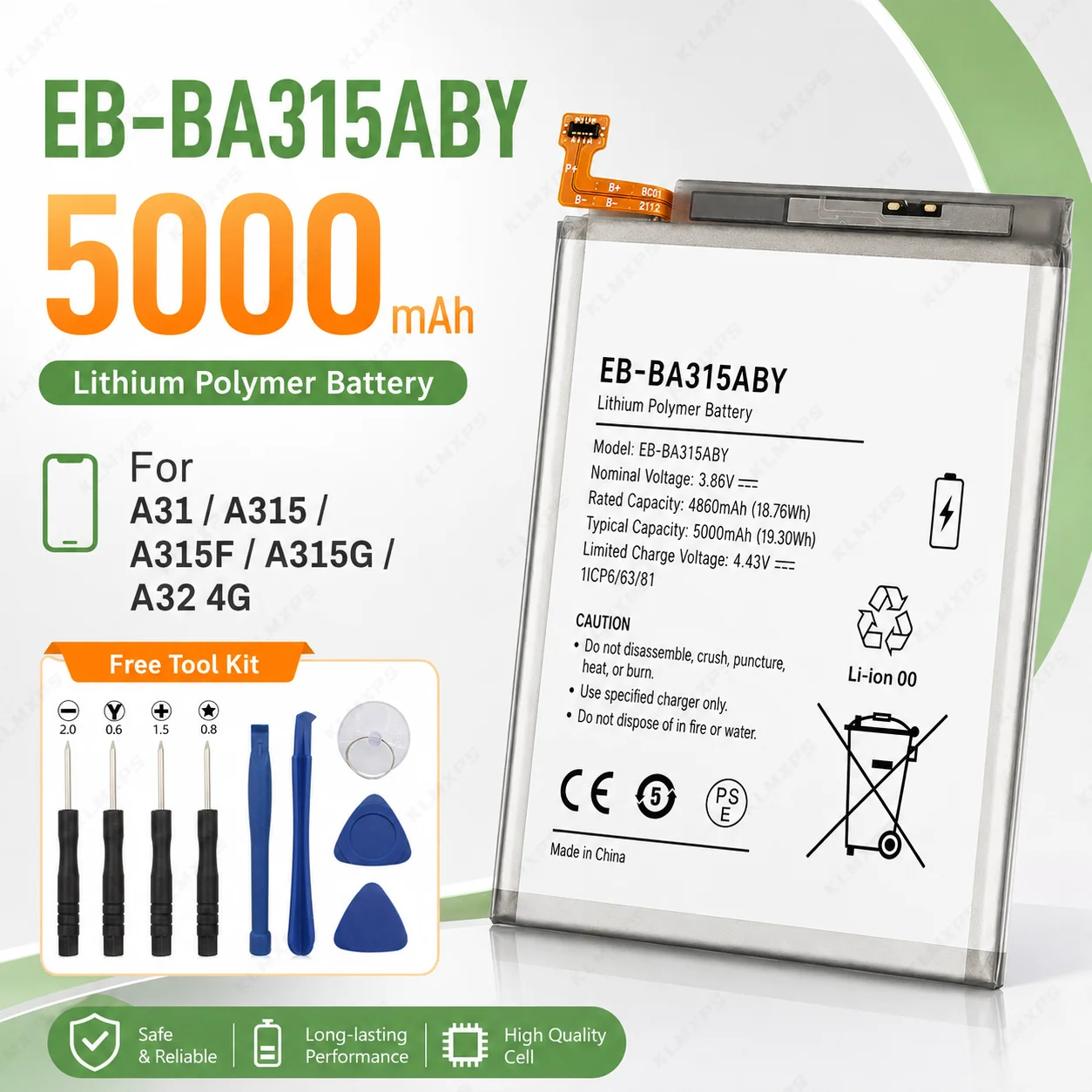 EB-BA315ABY Phone Battery 5000mAh For Samsung A31 2020 SM-A315F/DS Replacement + Free Tool Kit