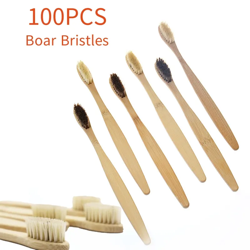 100pcs Boar Bristles Natural Bamboo Toothbrush 100% Biodegradable Eco-Friendly Toothbrushes