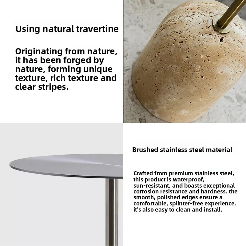 Luxury Travertine & Stainless Steel Round Side Table Movable Mini Coffee Table Modern End Table for Living Room Accent Furniture